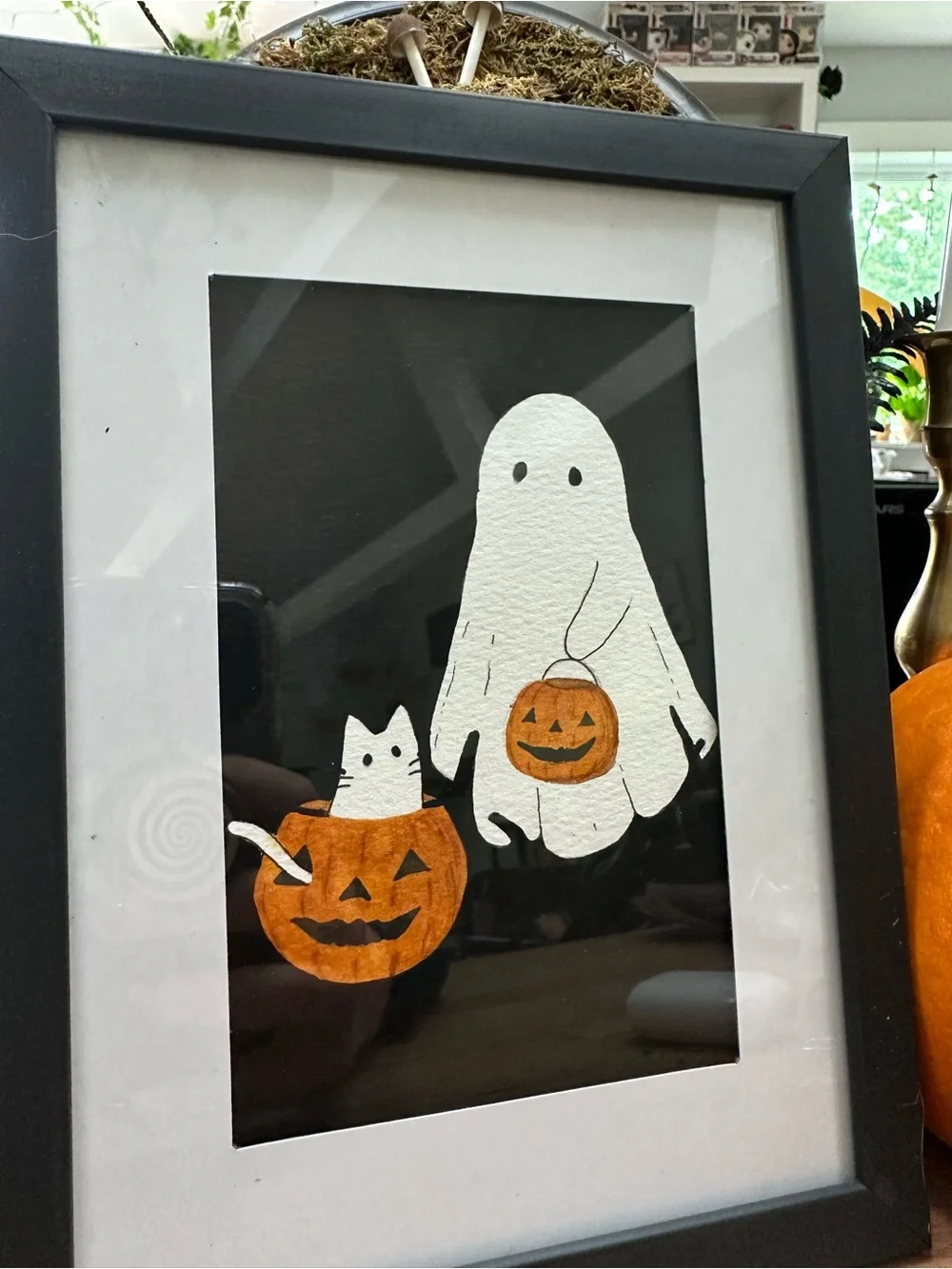 Halloween ghost & cat pumpkin wall art - watercolor 4x6inch